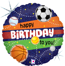 Round holographic balloon with blue background, orange, red, and green stripes, sports balls, and "Happy Birthday to you!".