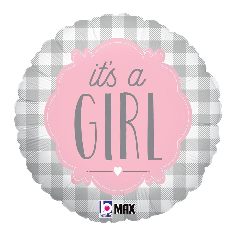 Round foil balloon with gray and white buffalo plaid background and pink central label reading "it's a GIRL" in dark gray.