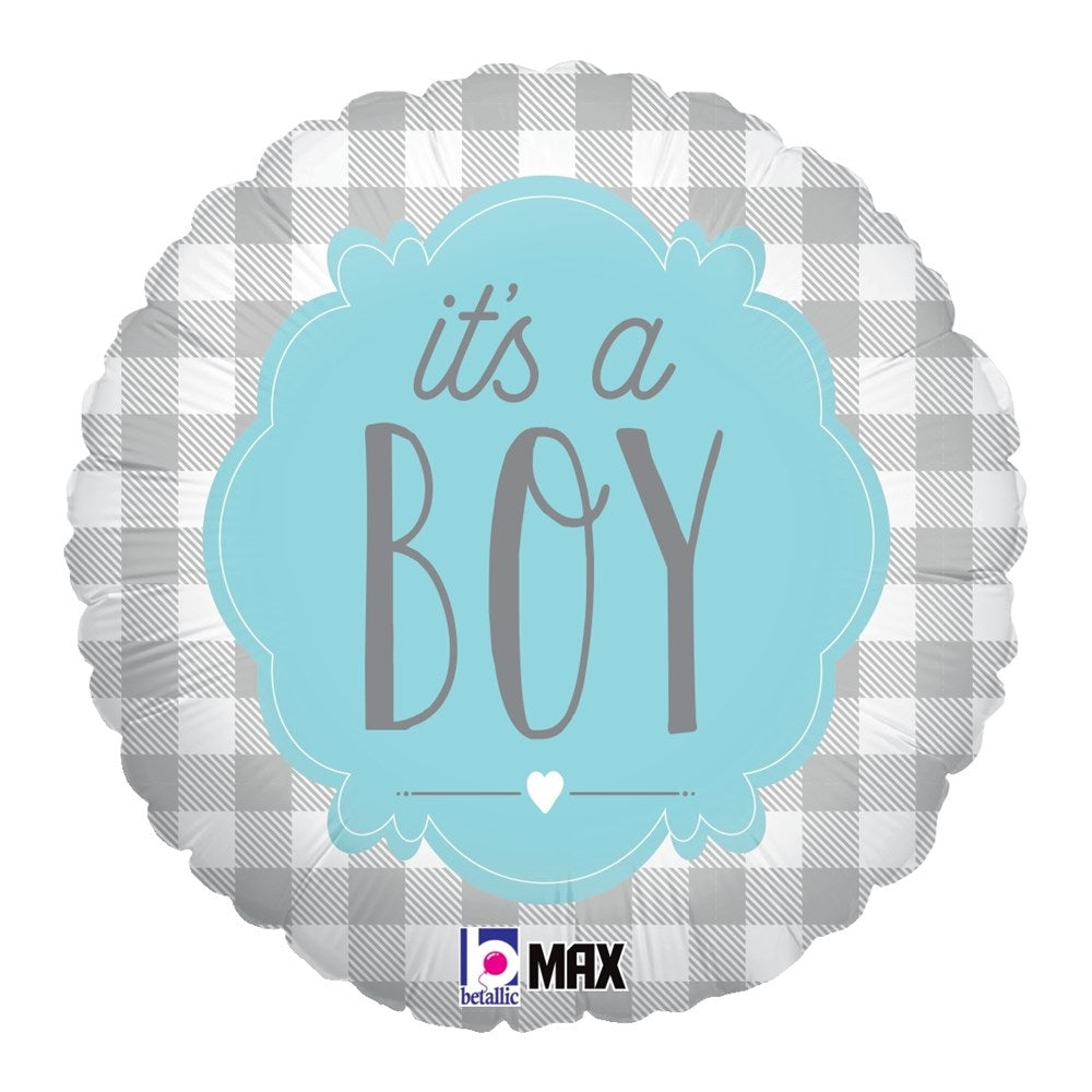 18-inch round balloon with gray and white buffalo plaid background and blue scalloped label reading "it's a BOY".