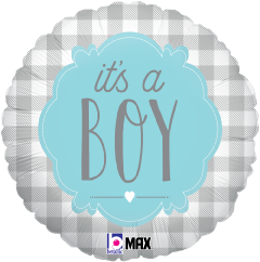 18 inch round silver and gray buffalo plaid balloon with blue center reading "it's a BOY" in brown text.