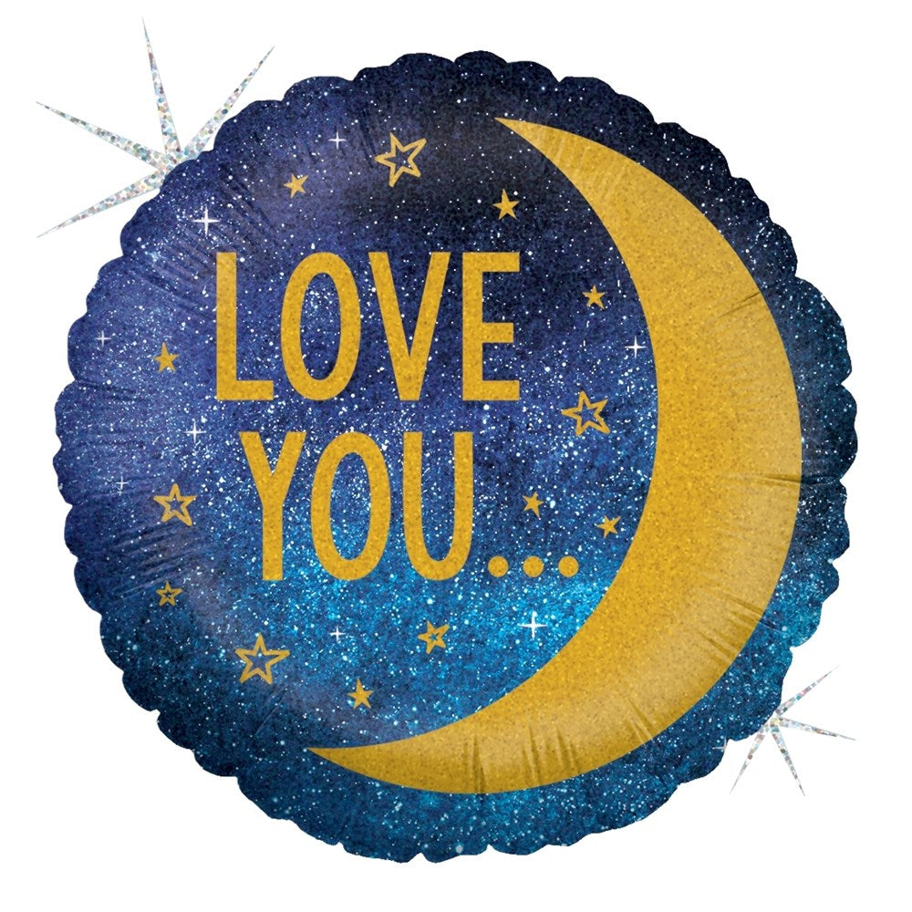 18-inch round holographic balloon with gold crescent moon and "Love You" text on dark blue starry background.