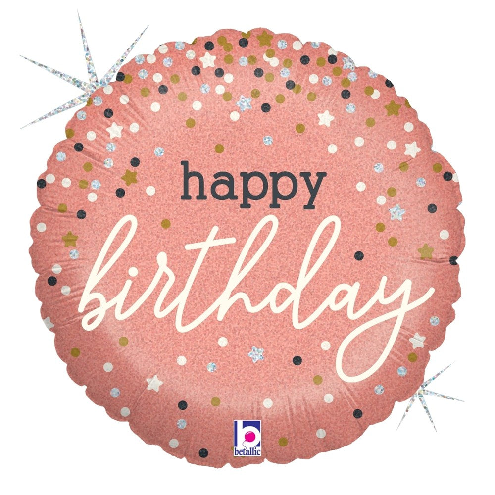 Round rose gold holographic balloon with confetti pattern and "happy birthday" text in white and black.