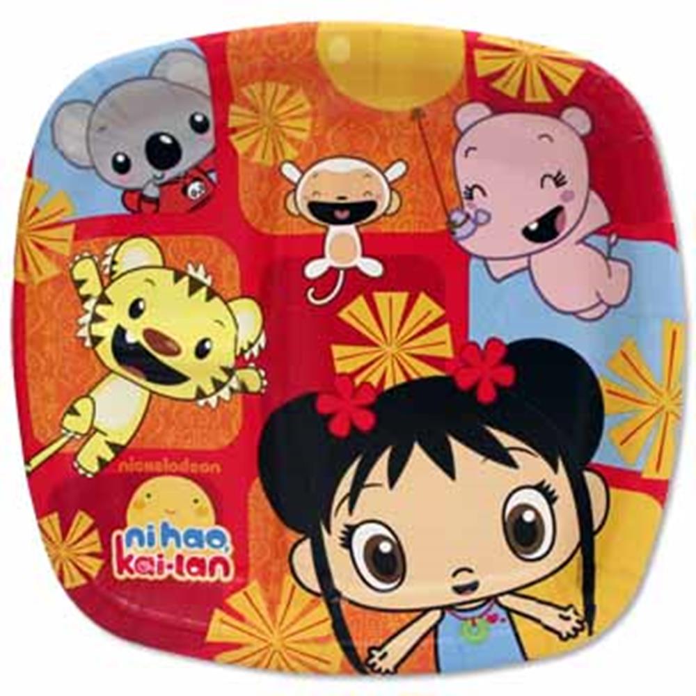 Square paper plate with colorful Ni Hao Kai Lan characters on a red and yellow background.