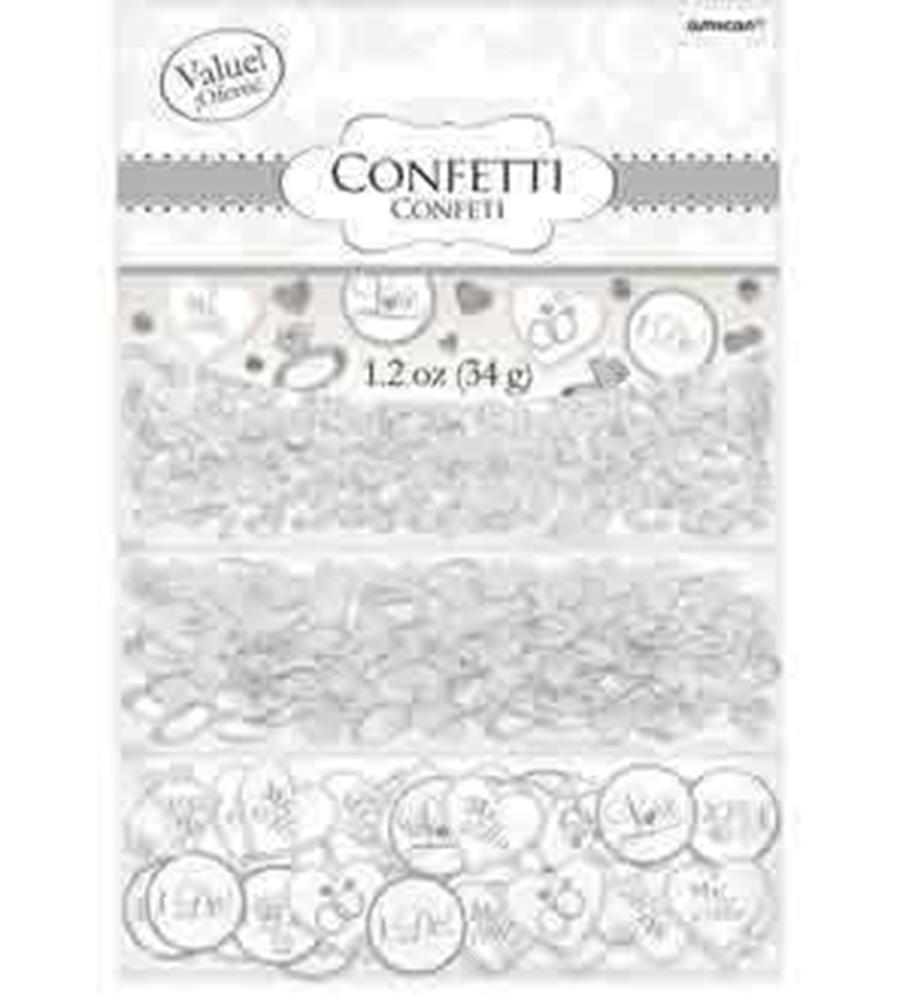 White bridal confetti mix including small rings and "I Do" text cutouts in clear plastic bag with label.