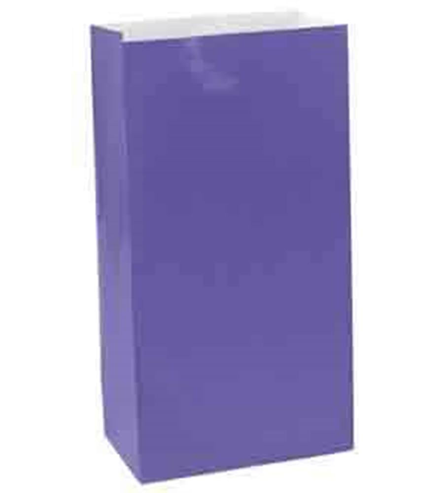 Small rectangular purple paper bag with flat base and open top, smooth matte finish.