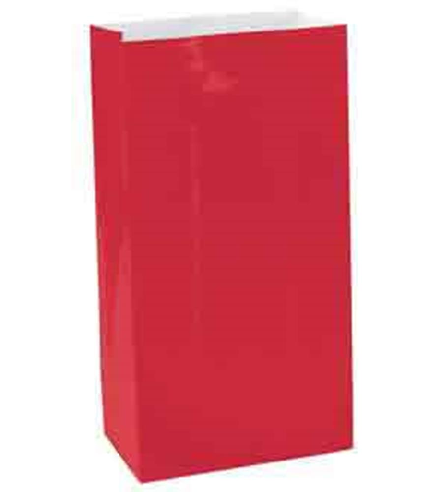Set of 12 mini red paper bags with a rectangular base and open top.