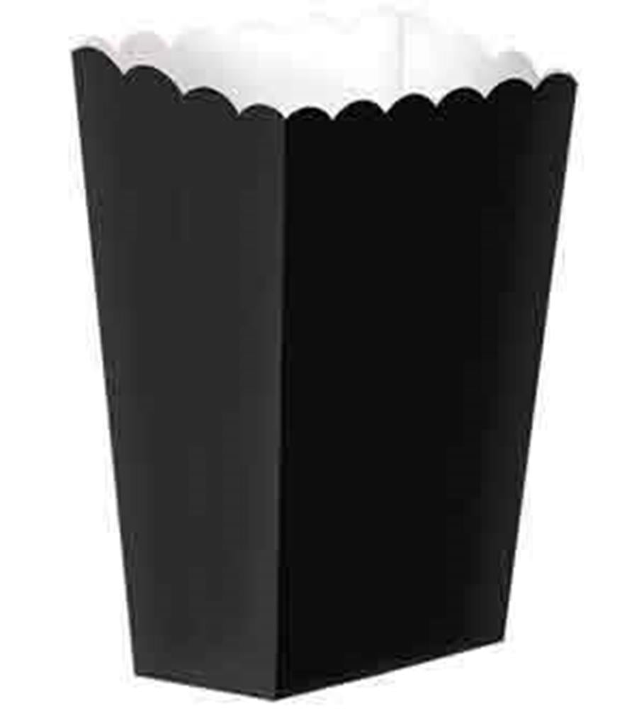 Small black popcorn box with scalloped top edge, matte finish, narrow rectangular shape.