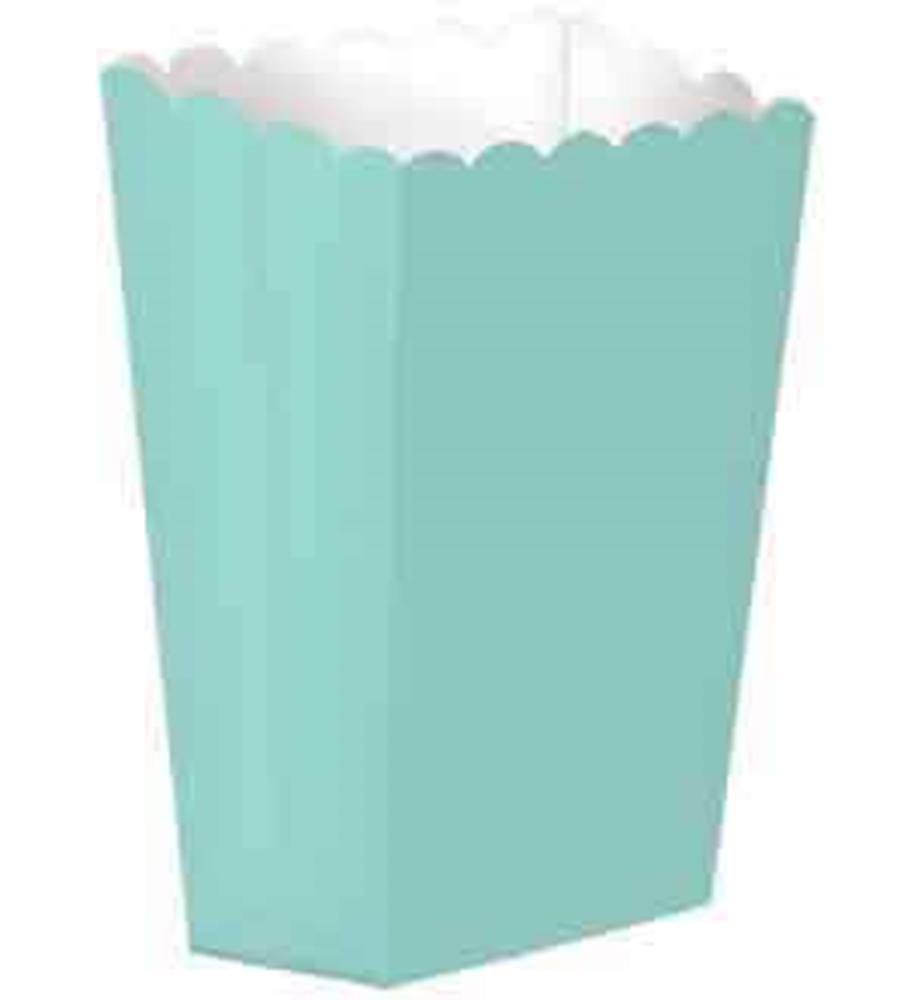 Robin's egg blue popcorn box with scalloped top edge filled with popcorn.