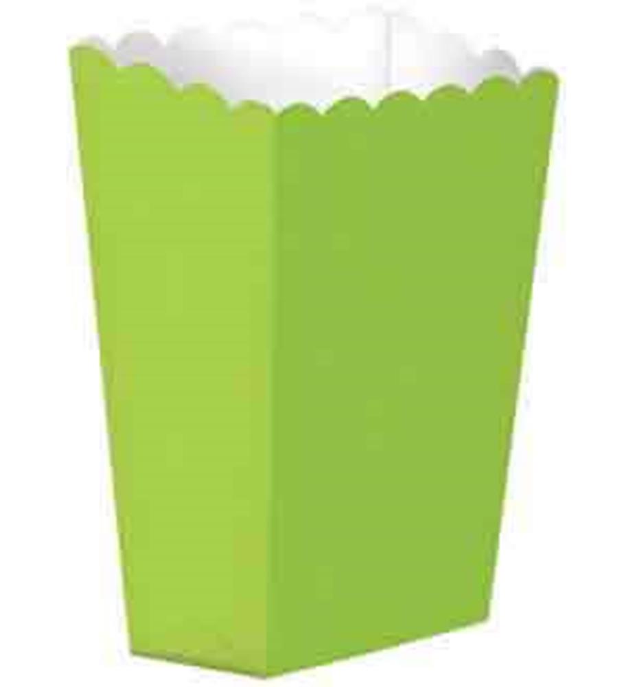 Bright green small popcorn box with scalloped top edge, made of paperboard.