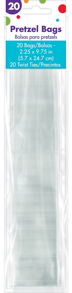 Clear cello bag filled with 20 twisted pretzels in a slender, vertical shape.