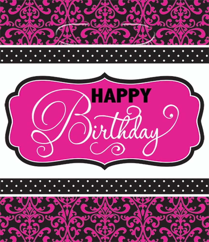 Black and pink loot bag with ornate damask pattern and "Happy Birthday" script design.