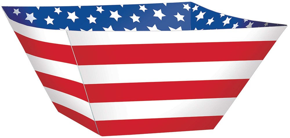 Square paper bowls with red and white stripes on sides and blue rim with white stars, patriotic design.