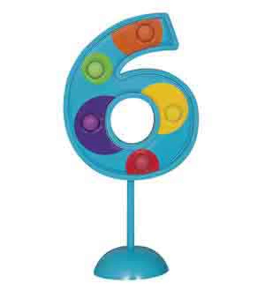 Blue number 6 table decoration with colorful circular lights on a round base.