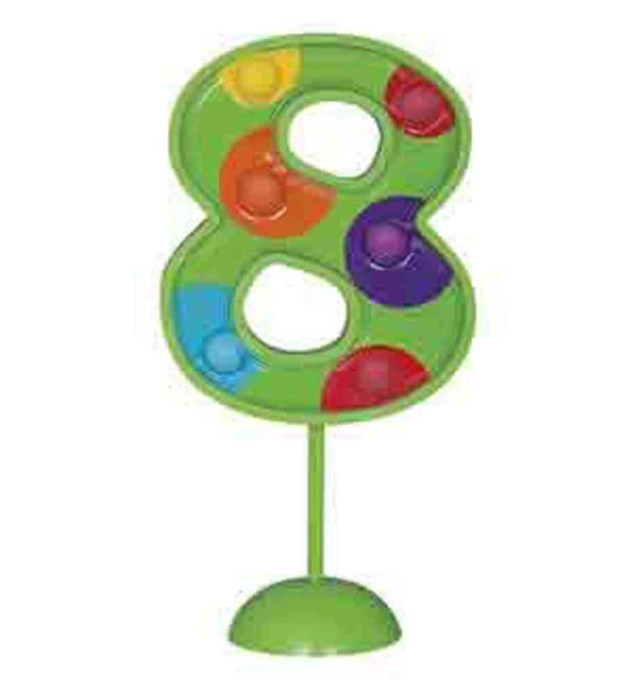 Green number 8 decoration with red, purple, orange, and blue flashing lights on a stand.