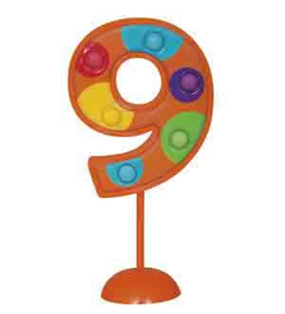 Orange number 9 decoration with six colorful flashing lights on a round orange base.