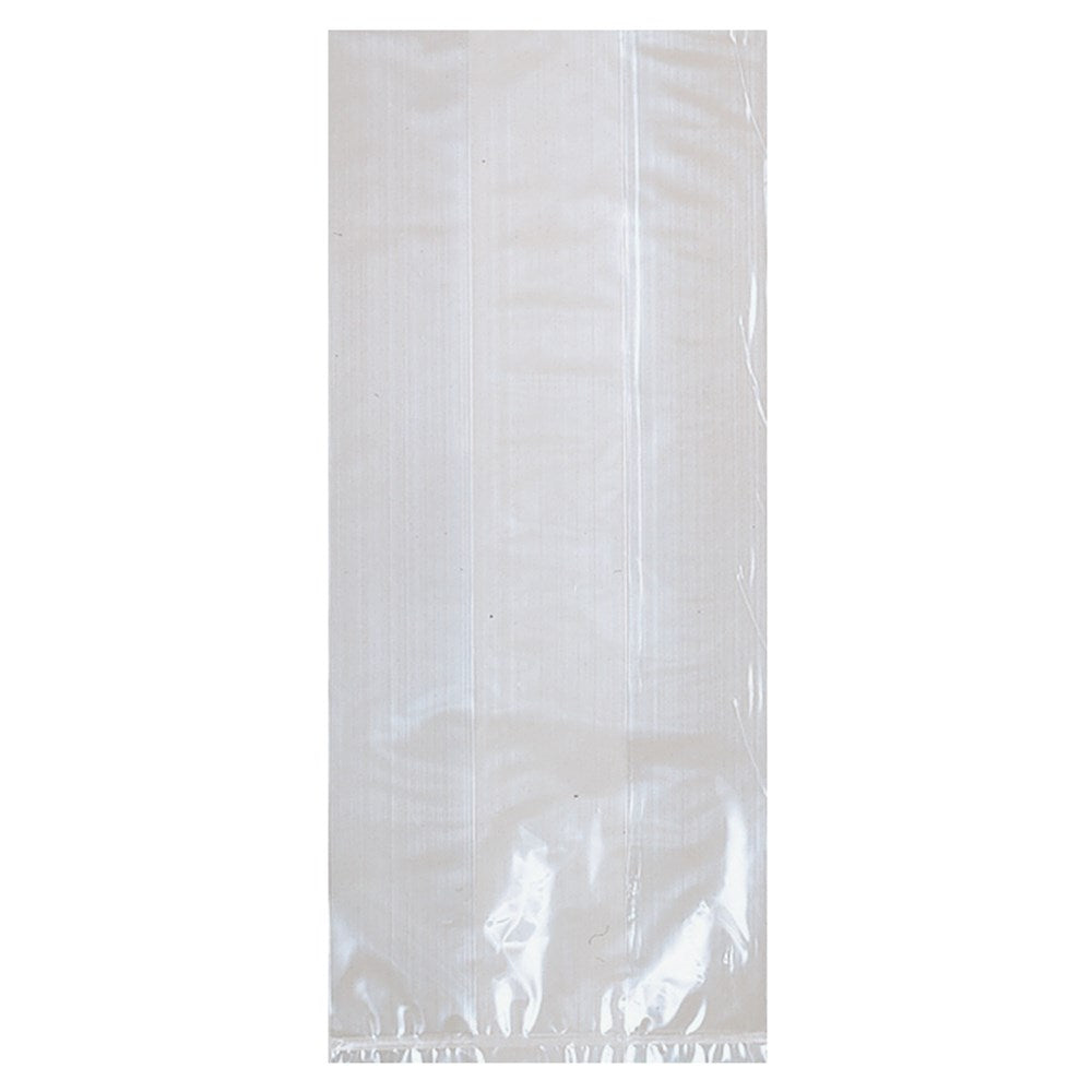 Set of eight small clear cello bags with a glossy finish, rectangular shape, and open top.