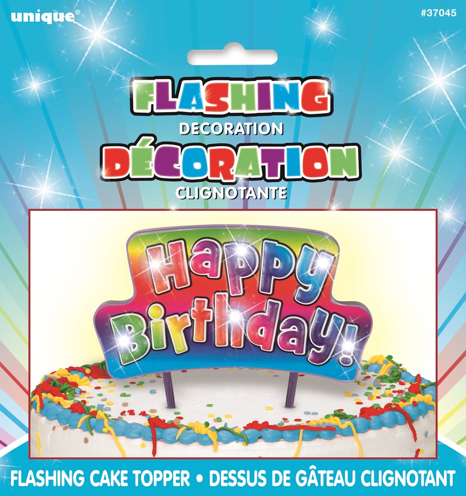 Colorful flashing "Happy Birthday!" cake topper with a vibrant rainbow gradient and bold, playful letters on a blue.