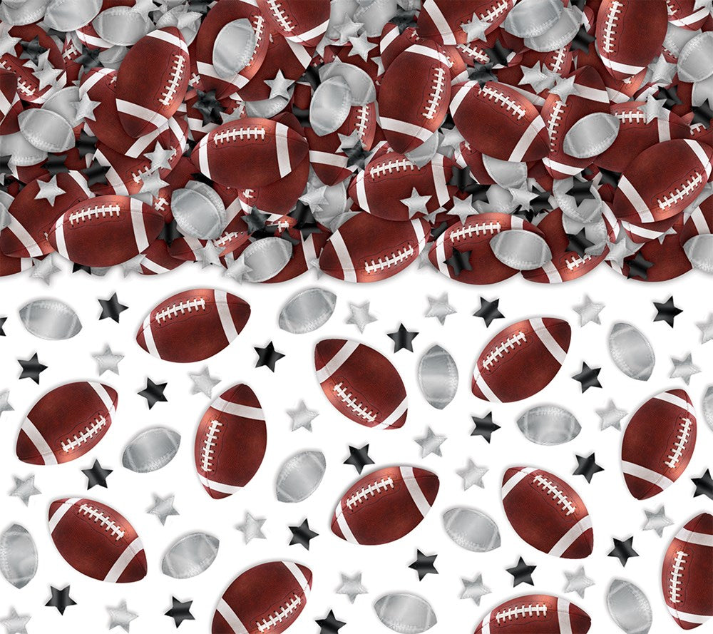 Brown football-shaped and silver star-shaped confetti pieces scattered on a white background.