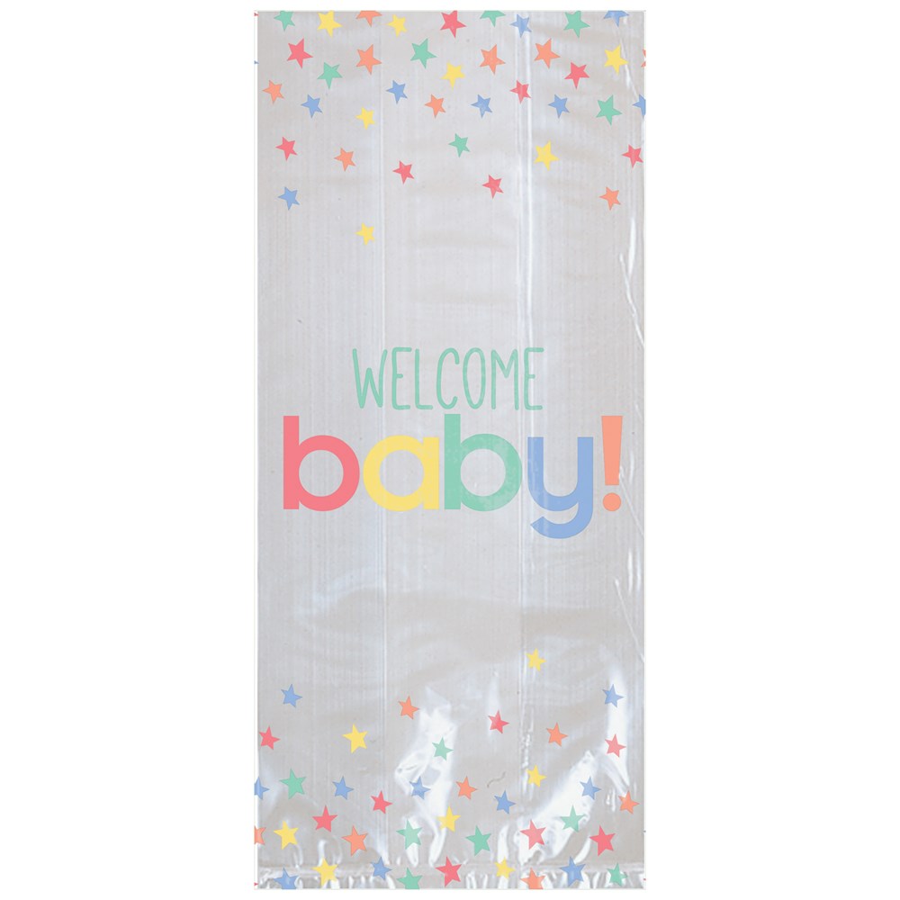 Clear cello bag printed with colorful stars and "Welcome baby!" in pastel pink, green, blue, and yellow letters.