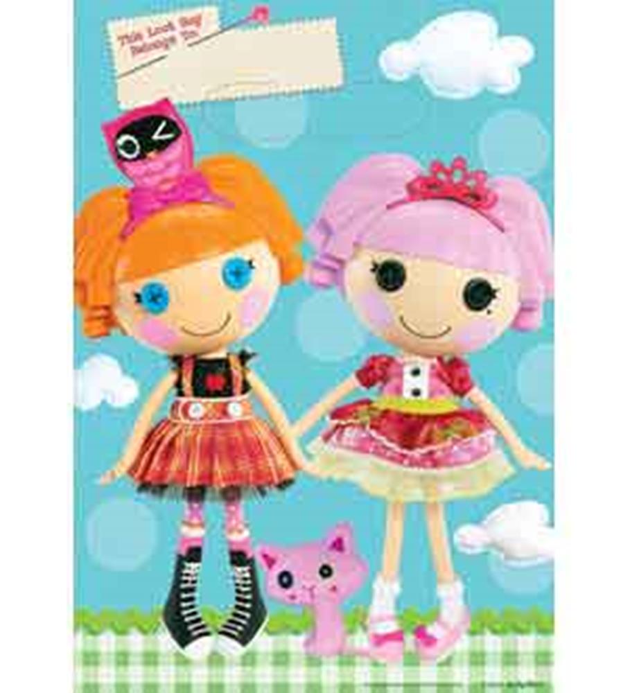 Two Lalaloopsy dolls with bright orange and pink yarn hair, wearing colorful dresses, accompanied by a small pink cat figure