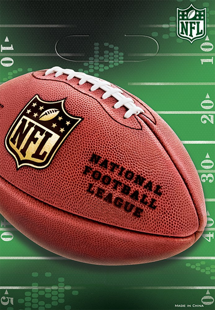 Set of eight brown NFL-themed loot bags shaped like mini footballs with white laces and NFL logo on textured surface.