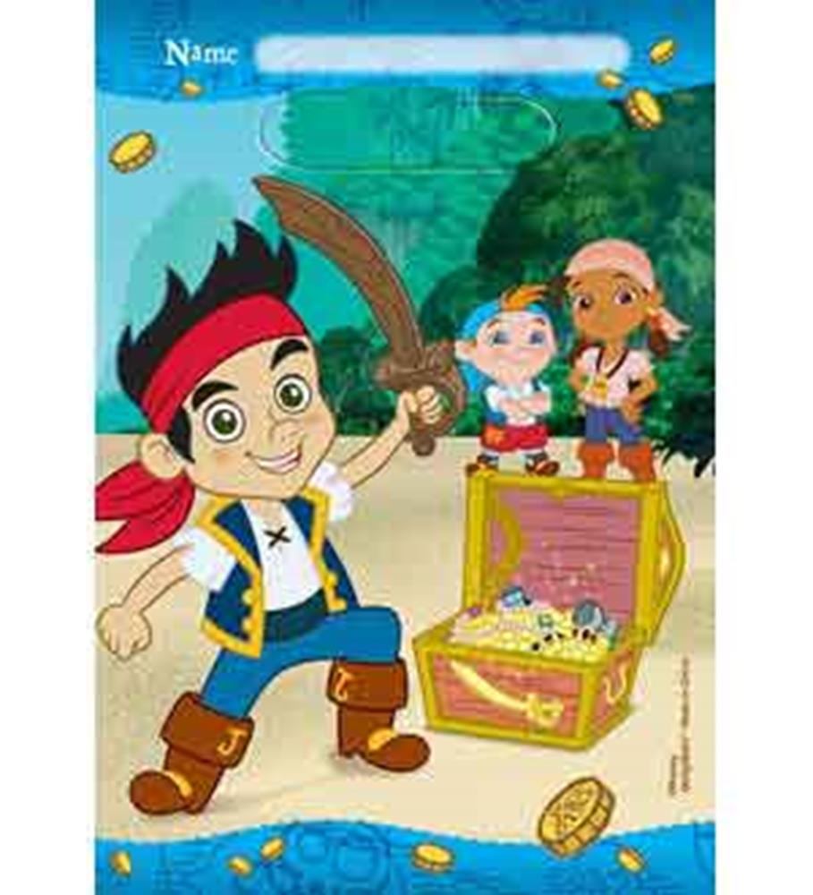 Colorful blue loot bag with Jake and friends from Neverland, treasure chest, and gold coins design.