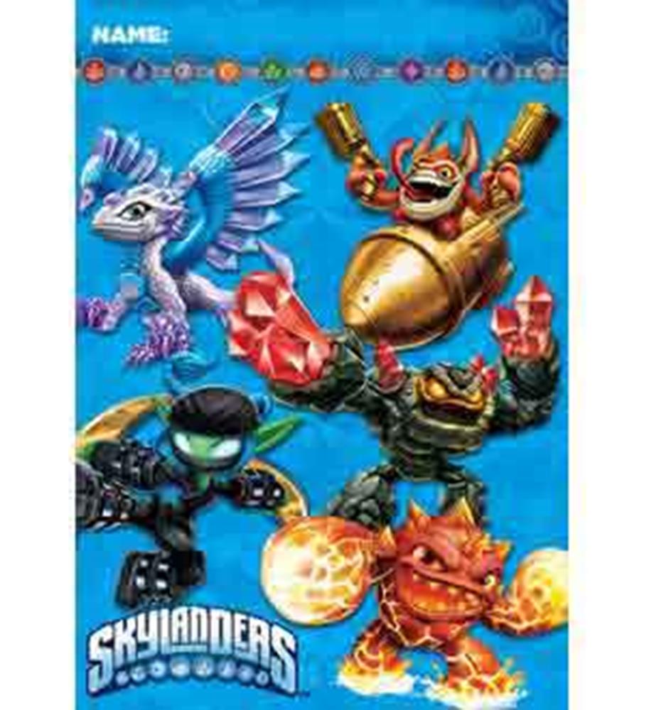 Bright blue plastic loot bag featuring four colorful Skylanders characters and a name label strip at the top.