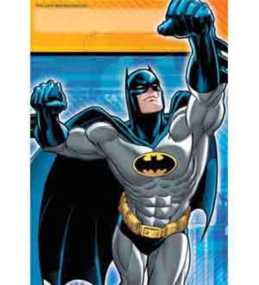 Batman lootbag featuring classic Batman in gray suit with black cape and yellow belt on blue and orange background.