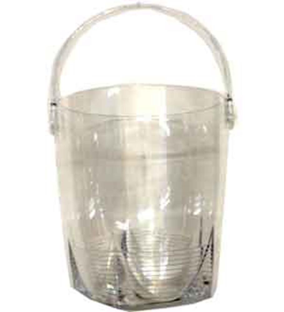 Clear plastic ice bucket with rounded base and sturdy handle, 5.5 x 6.25 inches.