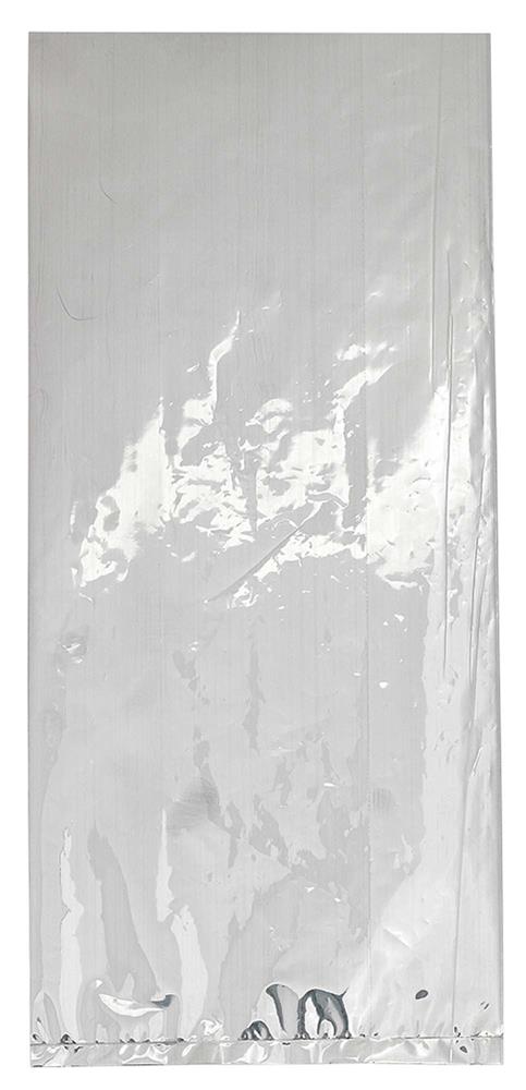 Tall, rectangular clear cello bag with reflective silver foil shine, smooth and glossy surface.