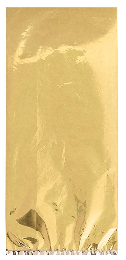 Shiny gold cello bag with smooth, reflective surface and rectangular shape.
