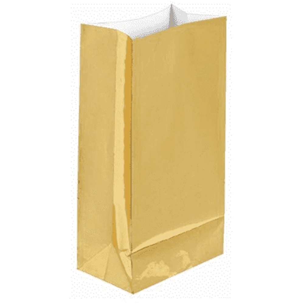 Shiny gold foil large paper bag with flat bottom and gusseted sides.