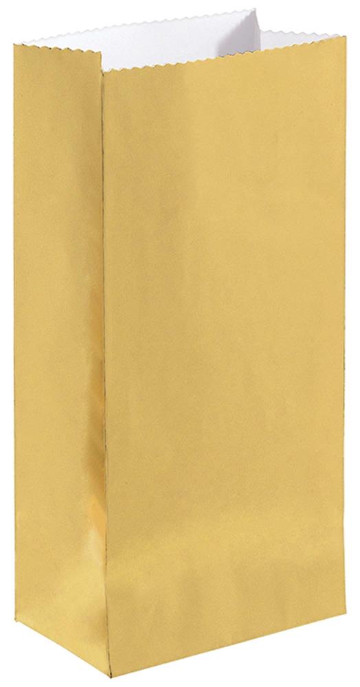 Shiny gold foil mini paper bag with flat bottom and scalloped top edge.