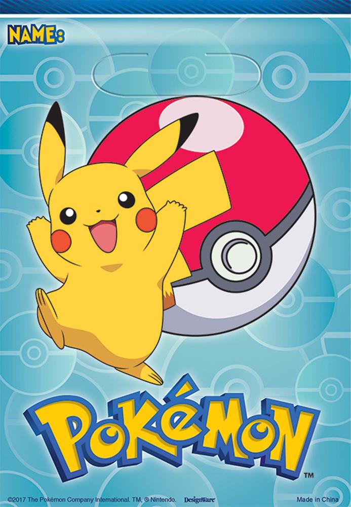 Folded blue loot bag featuring Pikachu and a red-and-white Pokeball with Pokemon logo.