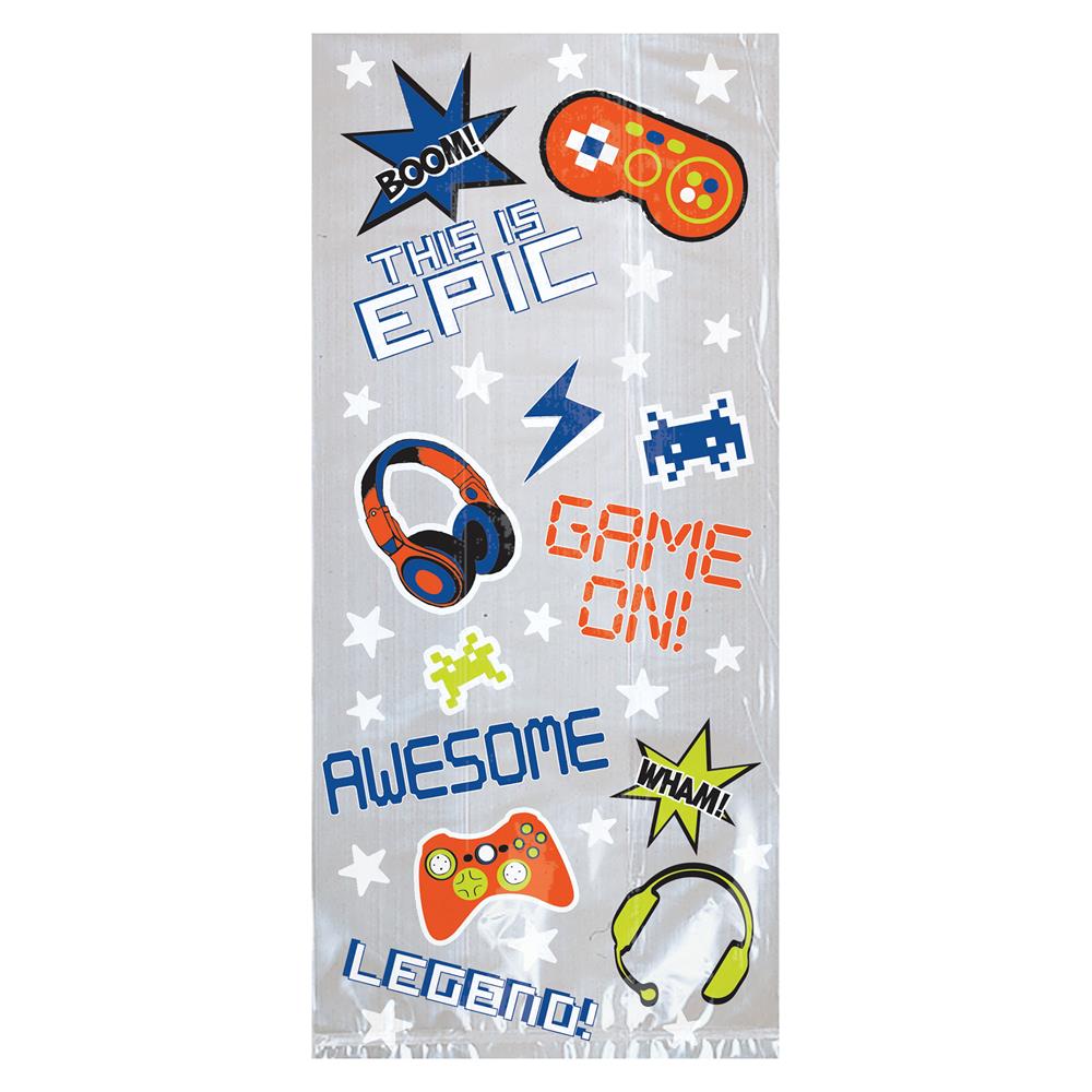 Gray treat bag with colorful gaming-themed stickers including controllers, headphones, and phrases like "Game On" and.