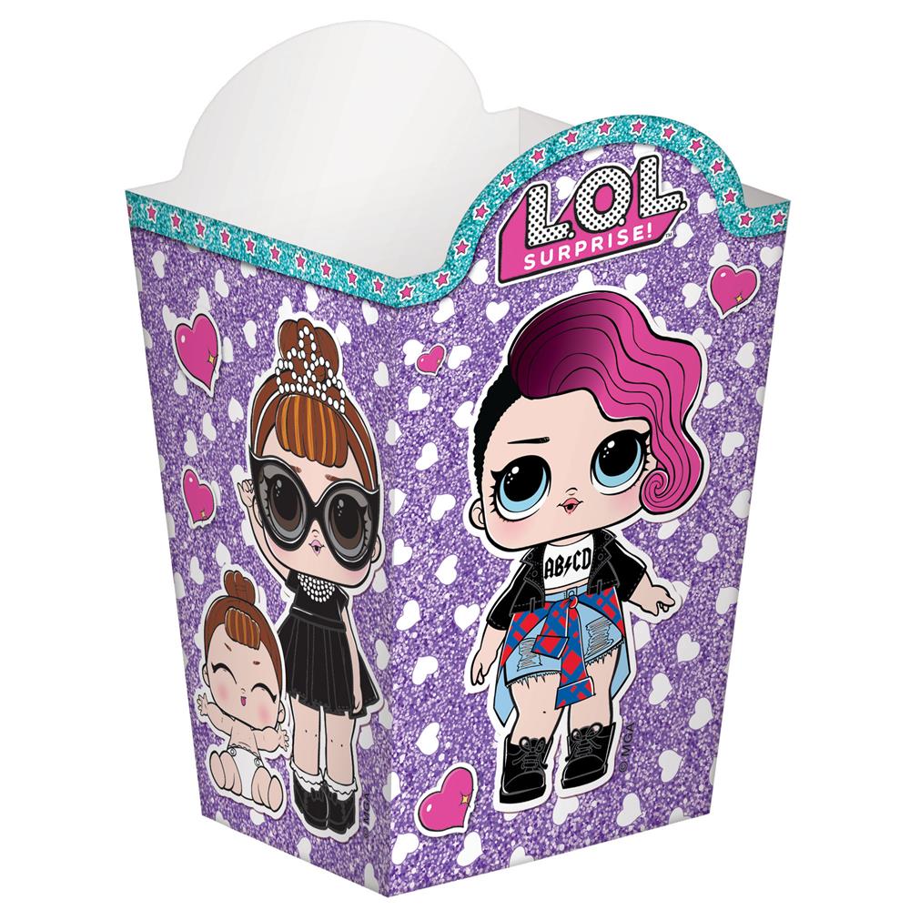 Purple glitter LOL Surprise popcorn container with cartoon girls and hearts design.