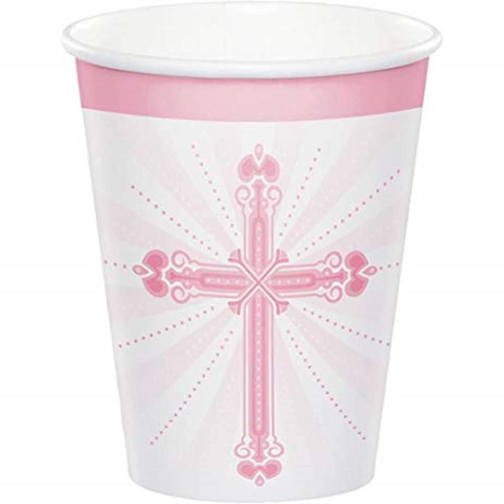 White paper cup with pink decorative cross and radiant lines, suitable for communion parties.