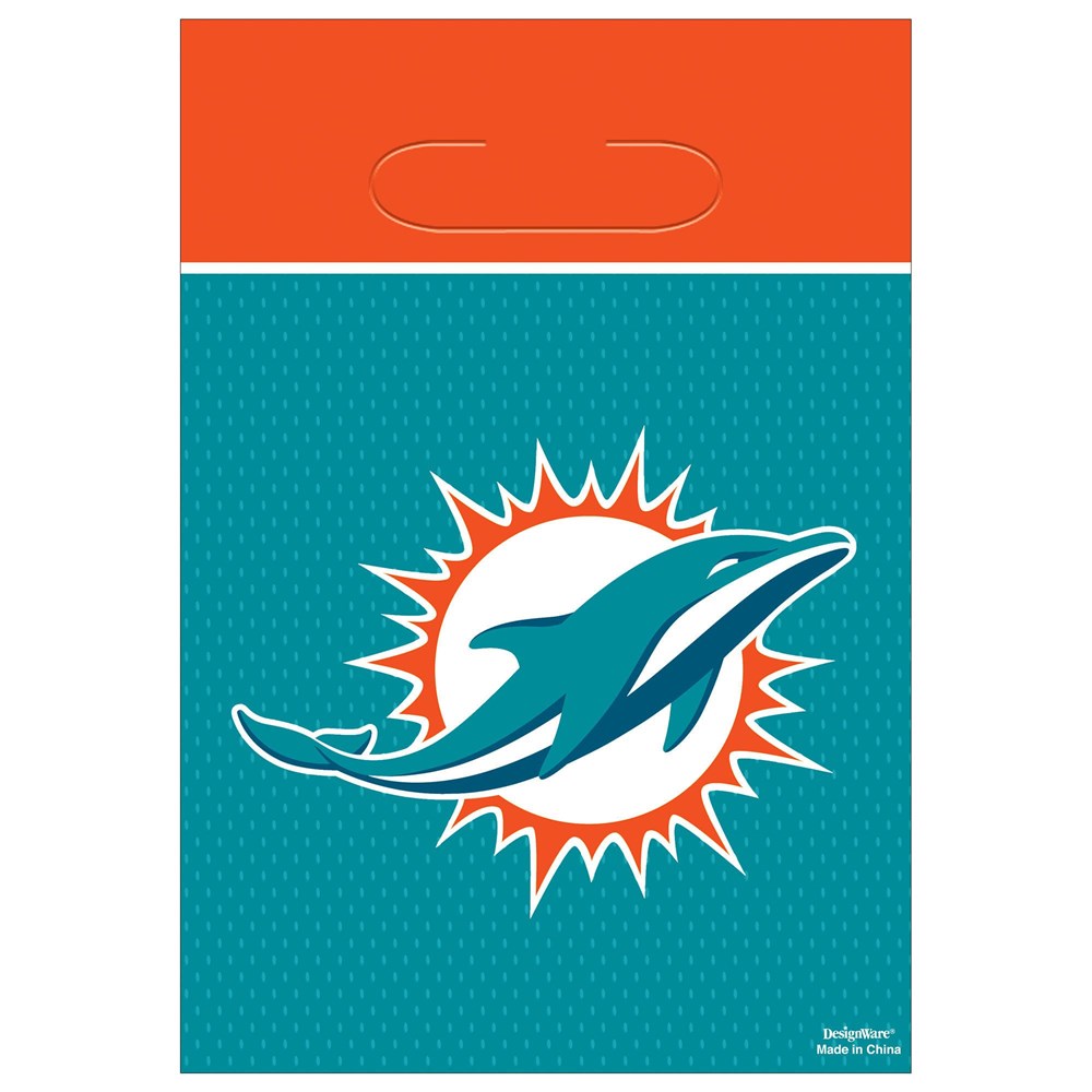 Teal loot bag with Miami Dolphins logo featuring a stylized dolphin over an orange sunburst background.