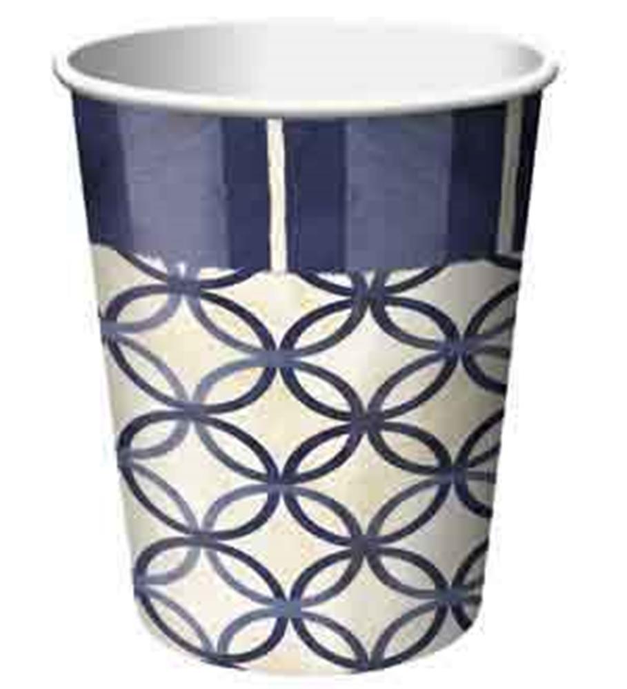 9oz disposable paper cup with blue and white geometric circle pattern.