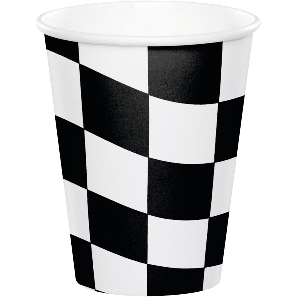 9 oz paper cup with black and white checkered pattern, simple and bold design.