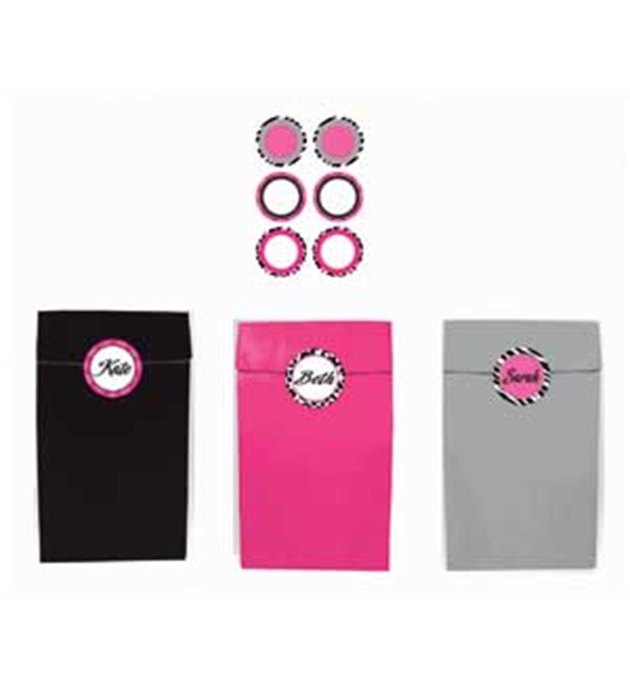 Set of 12 zebra-striped party bags in black, pink, and gray, each with matching circular stickers featuring animal print.