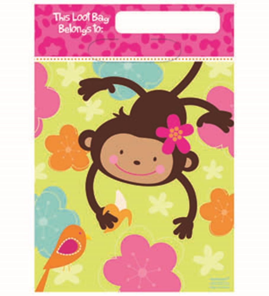 Small rectangular loot bag with a smiling monkey hanging upside down surrounded by colorful flowers and a pink bird on a.