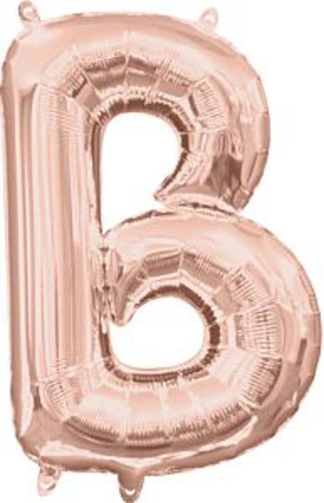 Rose gold foil balloon shaped as the letter B, 16-inch size, shiny surface.