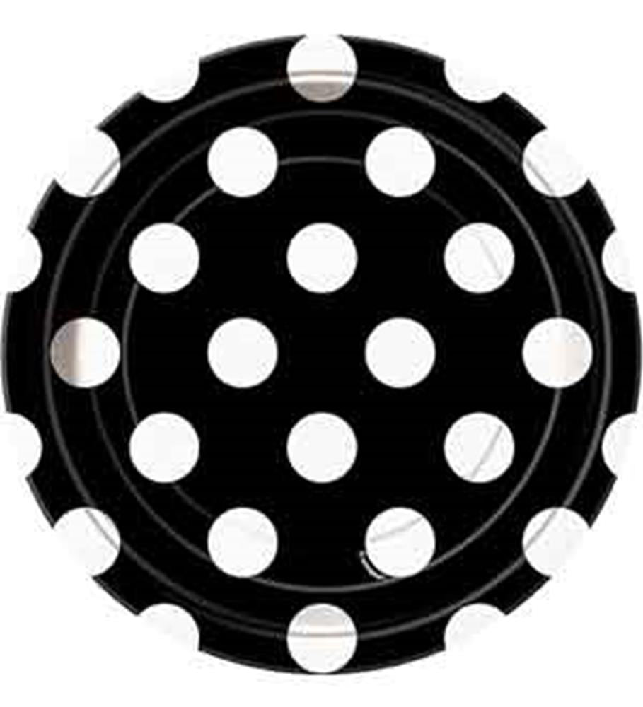 Black 7-inch round plate with evenly spaced large white polka dots and scalloped edges.
