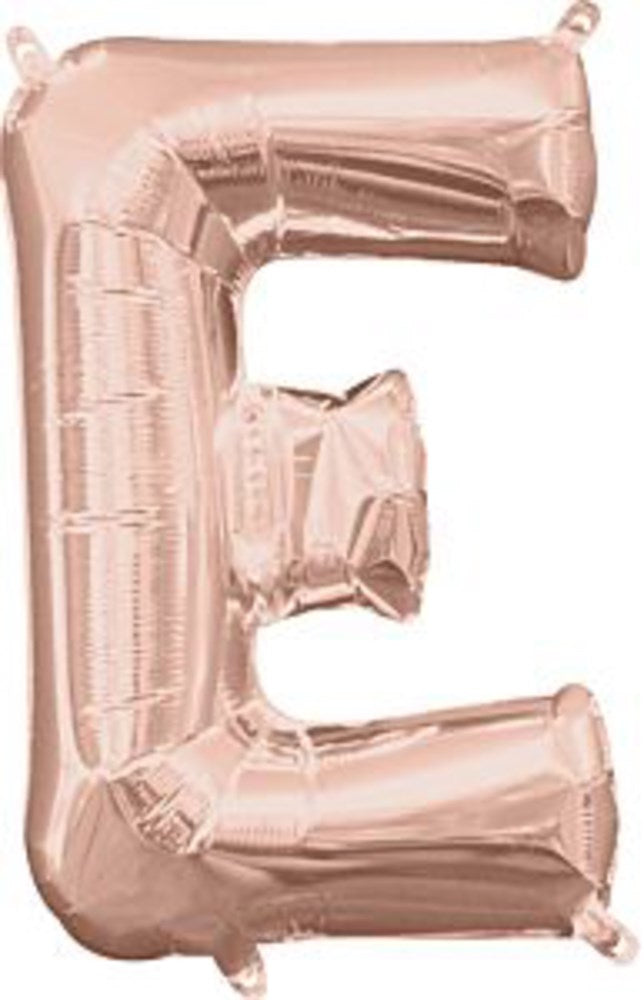 Rose gold foil balloon shaped like the letter E, 16 inches tall.