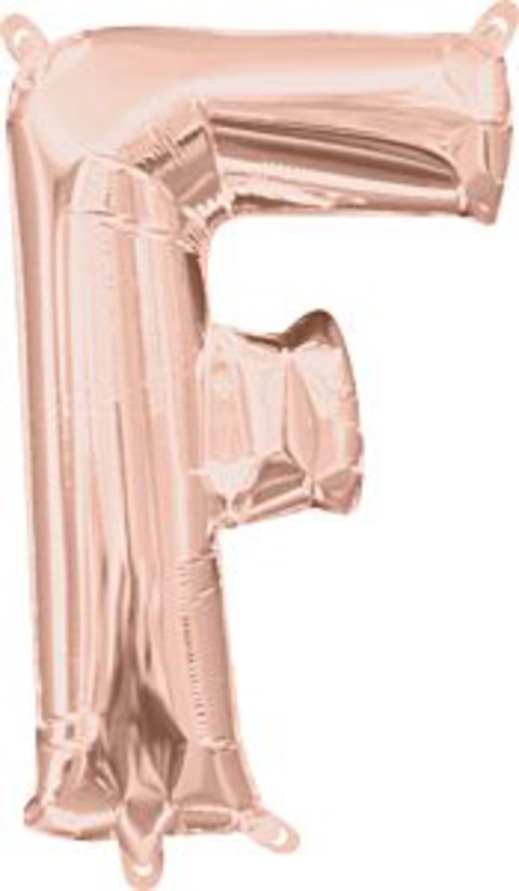 Rose gold foil balloon shaped like letter F, 16 inches tall, shiny metallic finish.