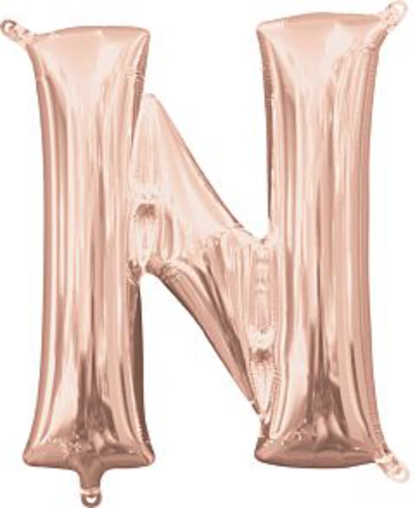 Rose gold foil balloon shaped like the letter N, 16 inches tall, shiny metallic finish.