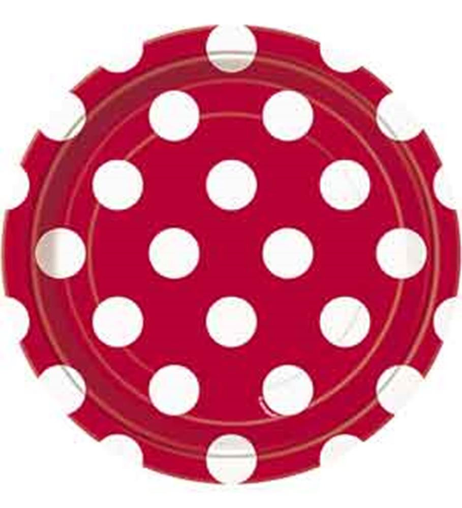 Red round plate with large white polka dots and a scalloped edge.
