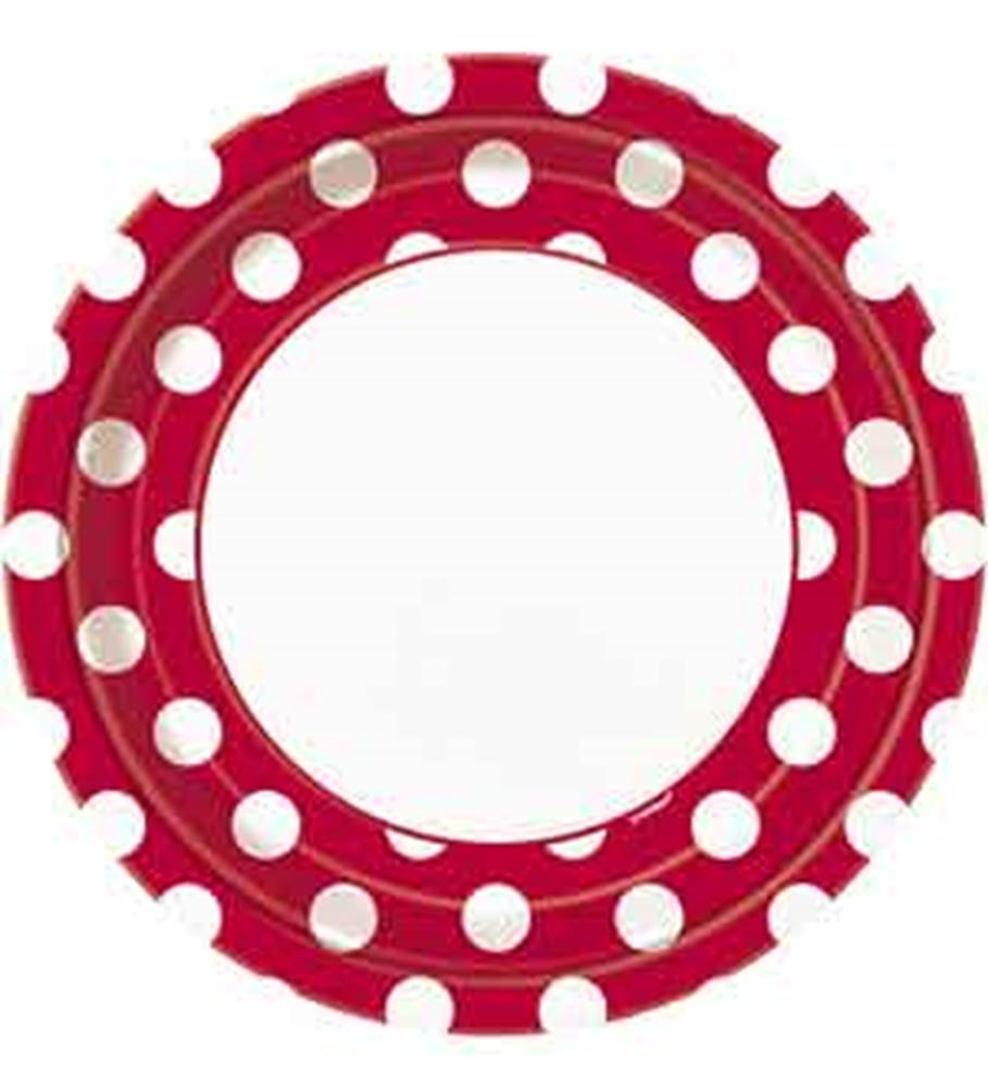 Red round plastic plate with white polka dots and a scalloped edge.