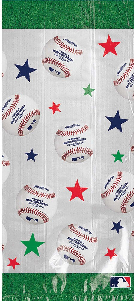 Clear cello bag with printed baseballs and red, green, and blue stars, rectangular shape.